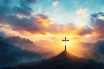 Fototapeta premium Sunrise Cross on Mountain Landscape with Soft Light and Warm Colors