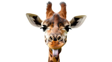 Obraz premium Whimsical Giraffe Portrait: A close-up view of a giraffe, its expressive face and long tongue, captured in a captivating pose, offers a playful glimpse into the wild.