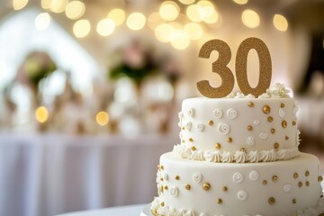 30th birthday cake adorned with gold accents. Birthday party. Blurred light festive background. Golden balloons. Thirty years or thirtieth anniversary. Celebration cake with golden candles. Numbers 30