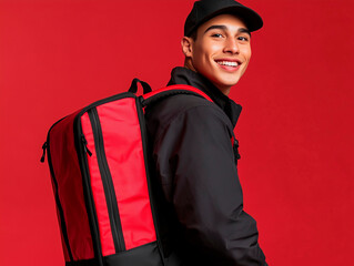 photo of a young guy who works in delivery with a backpack for food