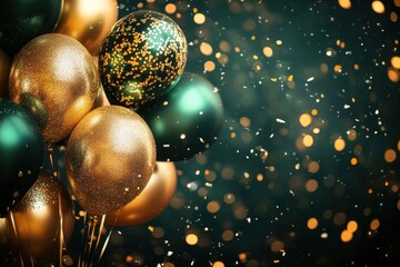 Gold and green balloons with falling bokeh confetti on dark teal background. Great for party invitations or to announce festive event details online.