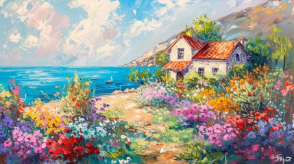 Painting of a house by the sea and bright colors with a seascape in summer