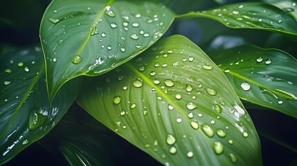 Obraz premium Close up view of verdant tropical leaves with delicate water droplets clinging to their surface reflecting the natural beauty and fragility of the plant world
