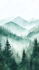 Obraz premium Watercolor of landscape forest misty mountains horizon and fog and hills,pine tree fir tree,Autumn forest background,drawn by hand,Autumn illustration design elements for landscape,wallpaper.