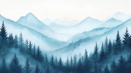 Obraz premium Watercolor of landscape forest misty mountains horizon and fog and hills,pine tree fir tree,Autumn forest background,drawn by hand,Autumn illustration design elements for landscape,wallpaper.