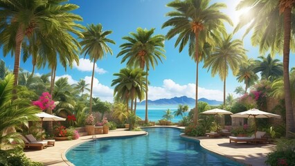 Fototapeta premium A vibrant tropical scene with a bright sun radiating light in a clear blue sky,