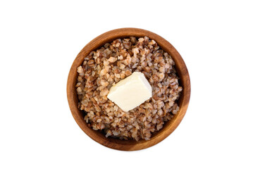 Boiled buckwheat porridge isolated on white background.