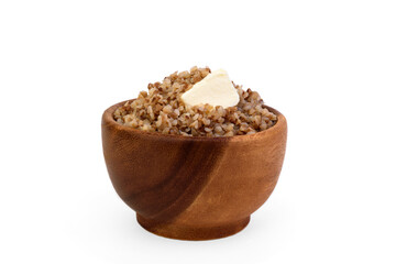 Boiled buckwheat porridge isolated on white background.