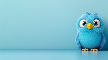 Obraz premium Adorable Blue Cartoon Owl Against Minimalist Light Blue Background