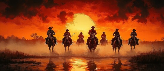 Cowboys Riding Horses at Sunset in the Wild West with Dramatic Sky