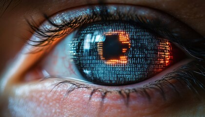 Close-up of a human eye with digital binary code and neon light elements in a cyberpunk style