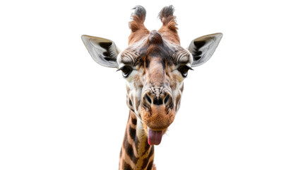Giraffe's Glimpse: A captivating portrait of a giraffe, its face and unique markings front and center, captures a playful moment with a cheeky tongue sticking out.