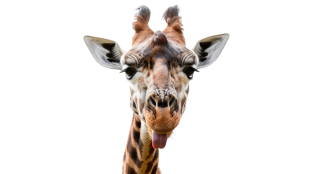 Giraffe's Glimpse: A captivating portrait of a giraffe, its face and unique markings front and center, captures a playful moment with a cheeky tongue sticking out.
