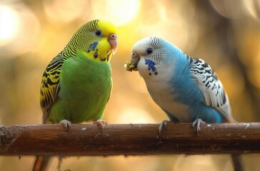 Budgerigars Perched on Feeder Green Blue White Birds Beauty Pets Wildlife
