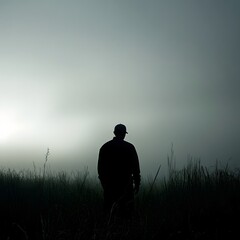 Solitary person walking through a moody atmospheric landscape enveloped in fog and mystery