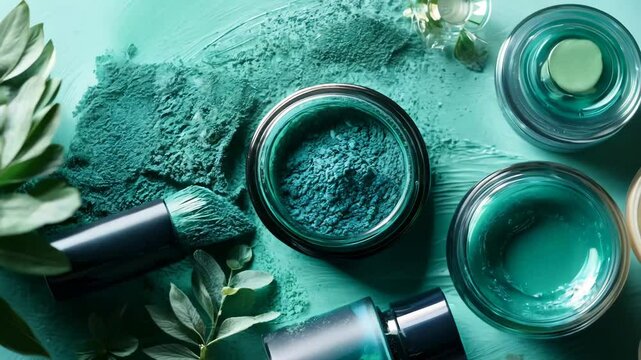 A flat lay of natural skincare products in rich green tones, including a powder, gel, and serum, complemented by foliage and a brush. The image emphasizes freshness, wellness, and eco-conscious beauty