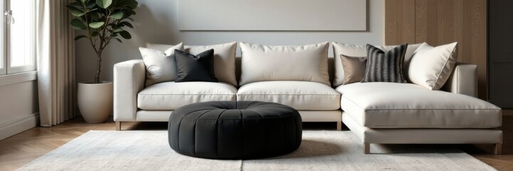 Black pouf ottoman with soft cushions on a neutral-colored sectional sofa in a modern-chic room, ottoman, neutral color palette, sectional sofa