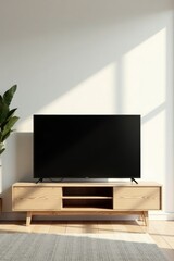Fototapeta premium Modern Flat Screen Television on Light Wood Media Console in Sunlit Room
