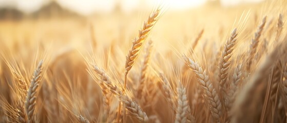 Lush golden wheat field bathed in warm golden sunlight during the harvest season