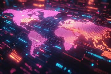 Futuristic Digital Art Glowing World Map Programming Code Cyberpunk Theme Neon Gradient Lights
