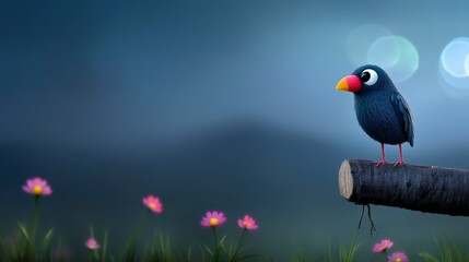 Fototapeta premium Cute Blck Bird on Post in Enchanted Evening Meadow fog
