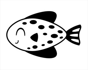 Black and white fish isolated cartoon sea doodle. Ocean animal hand drawn vector illustration in flat style