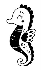 Black and white sea horse isolated cartoon sea doodle. Ocean animal hand drawn vector illustration in flat style © JulzaArt