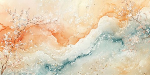 Fototapeta premium Blooming trees adorning a serene watercolor landscape