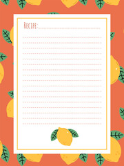 Fototapeta premium Page template for recording recipes with bright lemons
