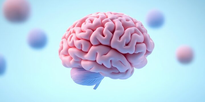 Hyper-realistic human brain in pastel colors on light blue background with copy space for science and medical illustration