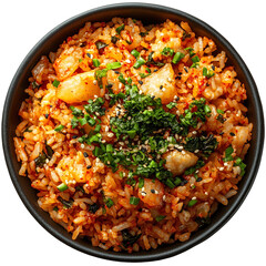 Fototapeta premium Extreme top view of an extremely perfect looking Kimchi Rice in a dark bowl isolated on a white transparent background