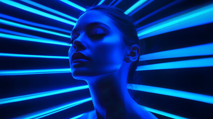 Luminous blue lines speed. Neon color glowing lines background, high-speed light trails effect. Futuristic dynamic motion technology