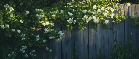 Fototapeta premium Vibrant delicate white flowers cascading over a rustic wooden fence surrounded by lush greenery and foliage in a picturesque garden setting