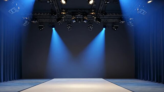 Spotlights illuminate an empty stage with a runway in a darkened theater setting