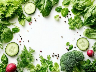 Fresh Organic Salad Leaves and Herbs Arrangement for Healthy Cooking and Nutrition on White Background