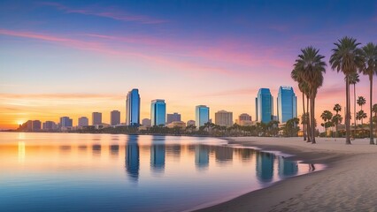 A skyline view of a coastal city at dusk,