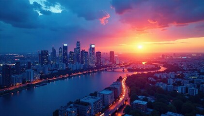 Blue blueprint effect on a cityscape at sunset, urban, blueprint