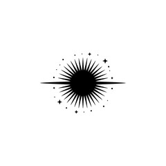 Celestial Burst Icon: Black Sun with Stars & Line on White