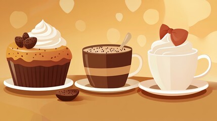 Delightful Array of Sweet Treats Featuring Coffee Cup and Cupcakes on a Warm Background