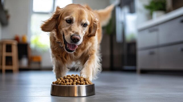 Golden Retriever runs towards a bowl of food in a bright, modern kitchen. Use this image for pet food ads, dog lover articles, and blogs.