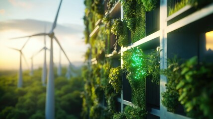 Fototapeta premium a green city surrounded by wind turbines and trees, landscape of a future city