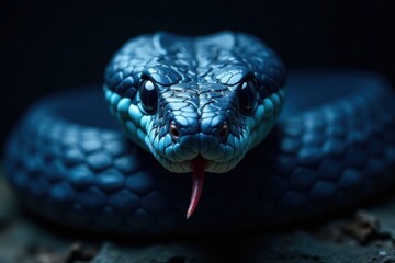 Fototapeta premium Blue viper snake face in dark background with sharp eyes and forked tongue out, wildlife, snake