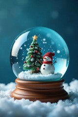 Obraz premium Blue snow globe with small Christmas tree and snowman inside, festive, Christmas tree