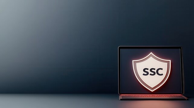 A sleek laptop displays a shield logo labeled "SSC," symbolizing security and protection in a modern digital environment.