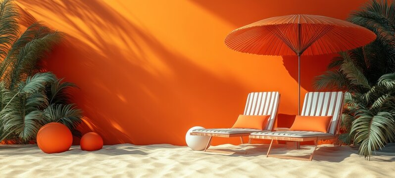 Minimalist Beach Scene with Orange Deck Chairs and Umbrella on Vibrant Background