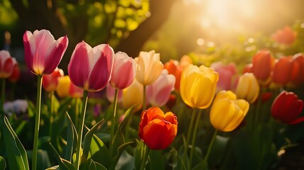 Obraz premium A stunning array of colorful tulips in various shades of red yellow and pink thriving in a picturesque garden landscape on a bright sunny day