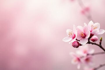Delicate Pink Blossoms on a Branch Against a Soft Pink Background, a Symbol of Springtime Renewal and Natural Beauty