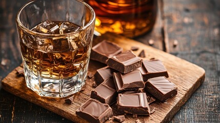 A tempting arrangement of chocolate pieces alongside a glass of whiskey captures the essence of indulgence and sophistication, ideal for gourmet enthusiasts.