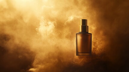 Fototapeta premium Golden Cosmetic Bottle Surrounded by Mystical Mist and Light Rays in Dramatic Atmosphere
