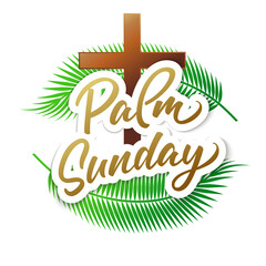 Palm Sunday golden lettering on transparent background. Palm branch, cross and calligraphy for religious poster or Holy Week banner